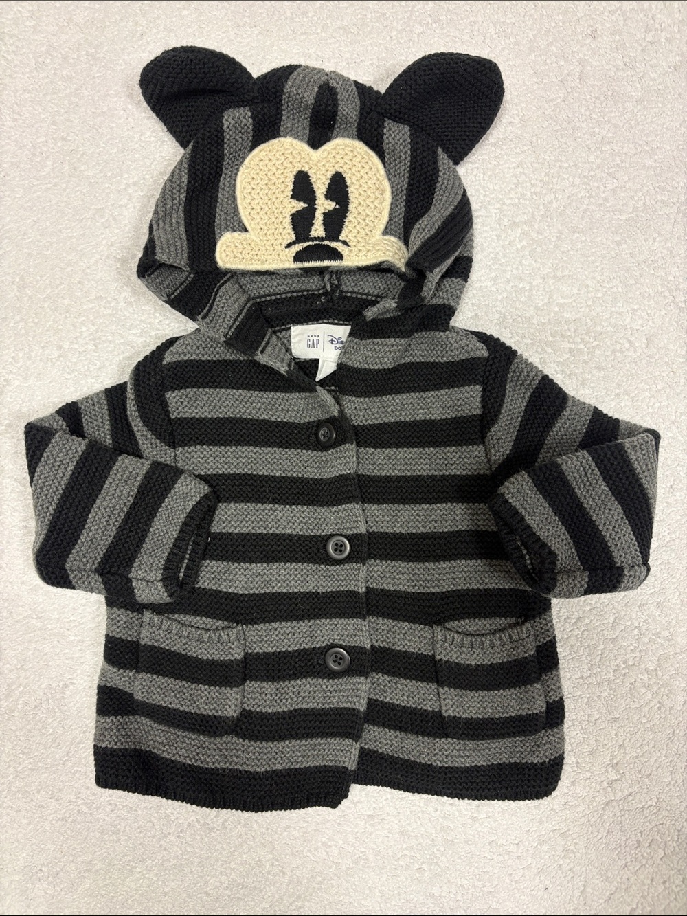 GAP Black and Gray Striped Hooded Knit Mickey Mouse Cardigan 3/6m